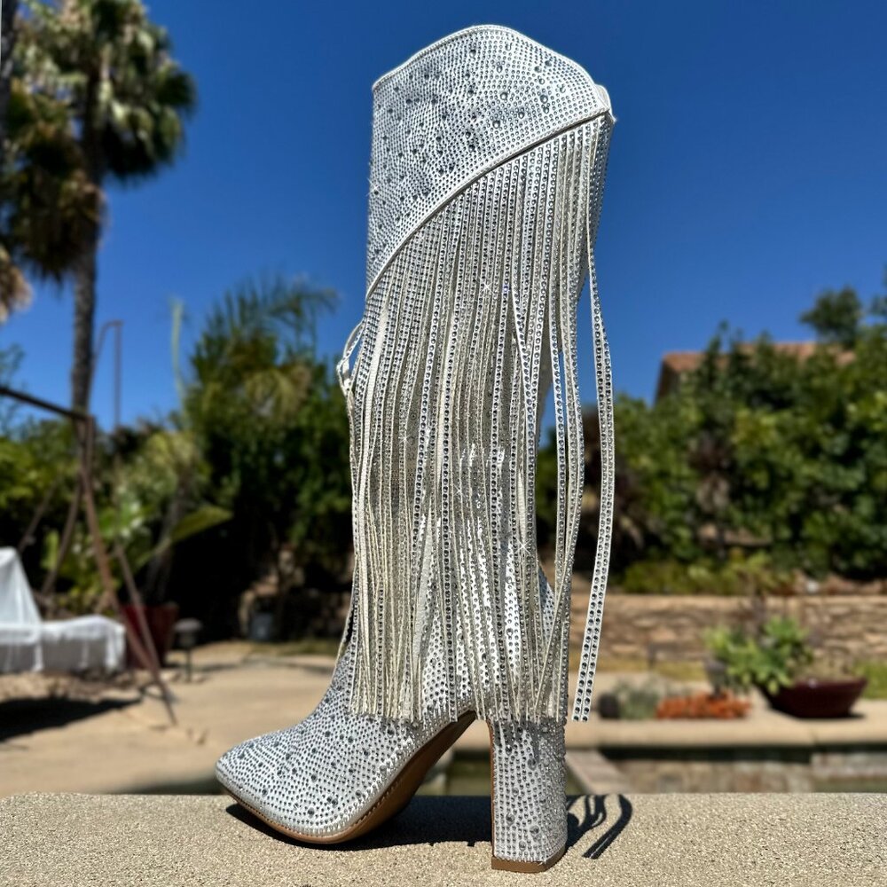 White Rhinestone Fringe Knee-High Heeled Boots - Picture 5 of 7